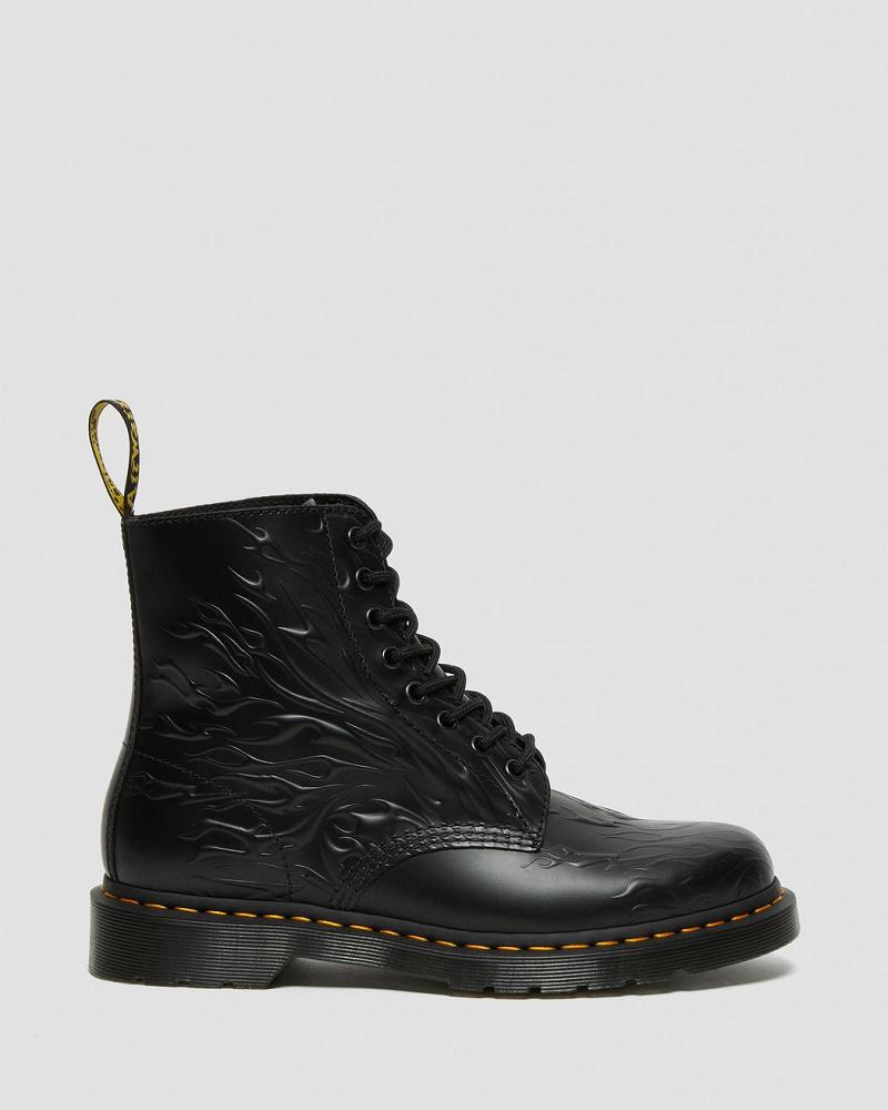 Black Men's Dr Martens 1460 Flames Emboss Leather Lace Up Boots | CA 509BEX